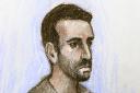 Court artist sketch by Elizabeth Cook of Pc Adam Zaman, 28, a serving Metropolitan Police officer, appearing at Westminster Magistrates' Court on October 27, 2021