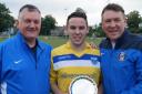 Barking's Chaz Liddiard is presented with a silver salver by manager Mick O'Shea (left) and chairman Rob O'Brien after making his 100th appearance for the club (Pic: Terry Gilbert)
