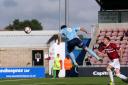Daggers' Rhys Murphy heads home Daggers second goal at Northampton Town. Pic: Dave Simpson/TGSPHOTO