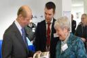 Prince Edward, Duke of Kent at the reopening of the Brentwood Town Hall in February 2020 with Brentwood history columnist Sylvia Kent and her book Brentwood in 50 Buildings