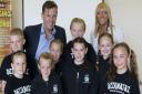 Dragon Duncan Bannatyne from Dragons' Den with Razzamataz founder Denise Hutton-Gosney and her pupils.