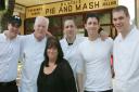 Ricky Prophet,Terry McDowell, Linda McDowell, Stacy McDowell, Danny Prophet and Lee Kelly outside the family pie and mash shop