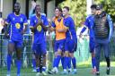 Romford players celebrate after their FA Cup win at Potters Bar Town