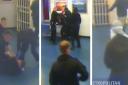 Dranatic scenes, pixelated, showing events inside Whitemoor Prison after a prison officer was attacked.