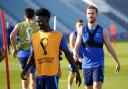 Bukayo Saka and Jordan Henderson during an England training session ahead of their World Cup clash with Wales