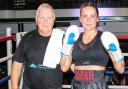 Sarah with Alec Wilkey, her trainer, after winning her professional boxing debut at York Hall.