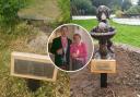 The missing memorial (left), Mike Brace and Betty Jones (centre) and the memorial before the vandalism (right)