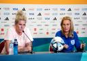 England's Millie Bright and Sarina Wiegman at a press conference