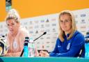Millie Bright and Sarina Wiegman face the media