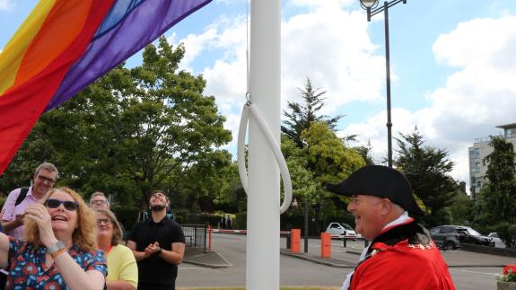 Romford Recorder: Havering's mayor, Cllr Trevor McKeever, raises the Pride flag Romford Recorder: Havering's mayor, Cllr Trevor McKeever, raises the Pride flag