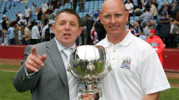 Romford Recorder: Mick Woodward and Mark Stimson celebrate after Grays Athletic beat Hucknall Town in the 2005 FA Trophy final at Villa Park Romford Recorder: Mick Woodward and Mark Stimson celebrate after Grays Athletic beat Hucknall Town in the 2005 FA Trophy final at Villa Park