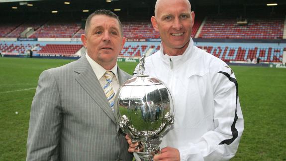 Romford Recorder: Mick Woodward and Mark Stimson celebrate after Grays Athletic beat Woking in the 2006 FA Trophy Final at Upton Park Romford Recorder: Mick Woodward and Mark Stimson celebrate after Grays Athletic beat Woking in the 2006 FA Trophy Final at Upton Park