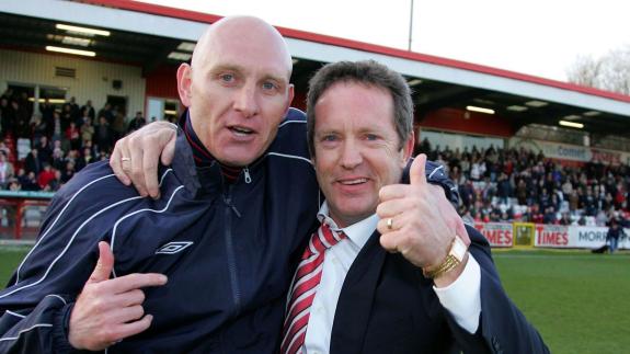Romford Recorder: Mark Stimson and Stevenage chairman Phil Wallace celebrate reaching the 2007 FA Trophy final Romford Recorder: Mark Stimson and Stevenage chairman Phil Wallace celebrate reaching the 2007 FA Trophy final