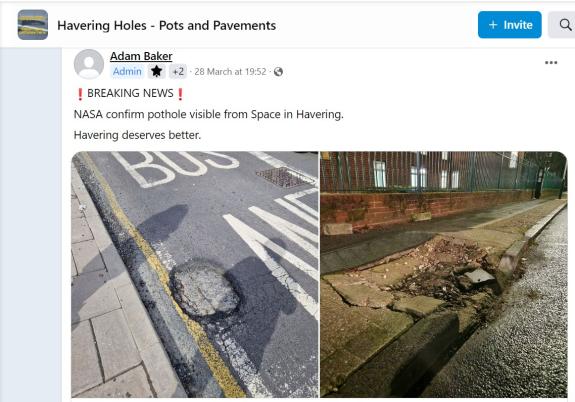 Romford Recorder: A post by Cllr David Taylor shared on the Havering Holes- Pots and Pavements Facebook group by the admin Romford Recorder: A post by Cllr David Taylor shared on the Havering Holes- Pots and Pavements Facebook group by the admin