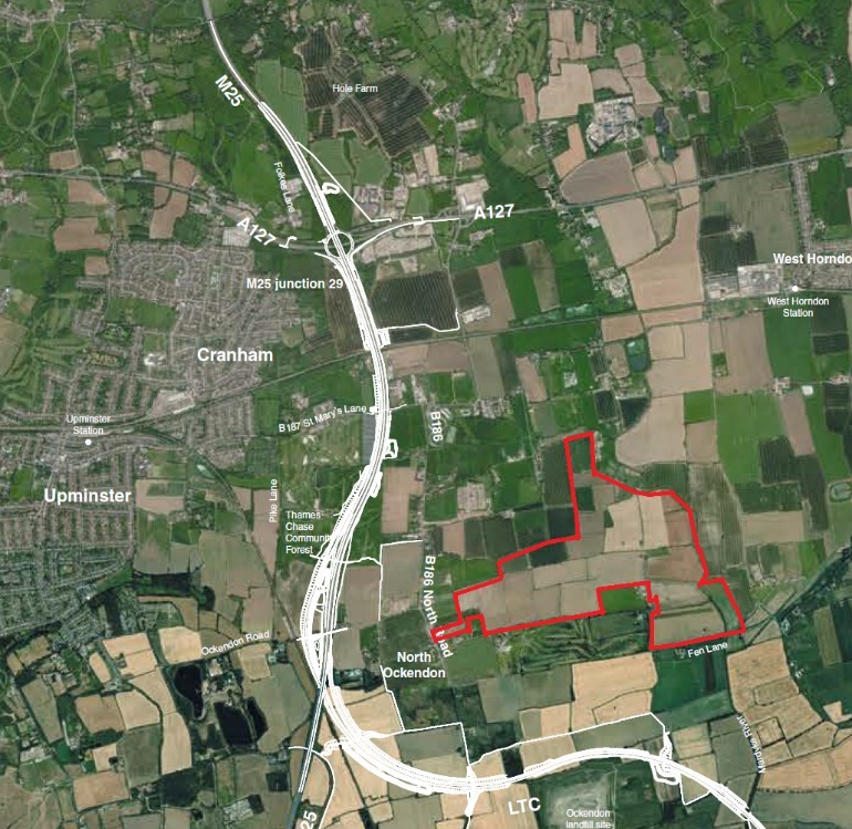 The data centre would be built on the land in red, close to the Lower Thames Crossing (white). Image: Havering Council