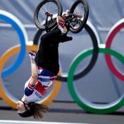 Charlotte Worthington on her way to winning a gold medal in the women's BMX freestyle park