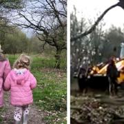 Left: Freya and Alice O'Neill play in the woodland off of Copthorne Gardens in 2020. Right: Residents block workers trying to chop down trees on March 6, 2021.