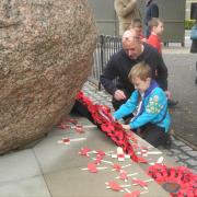 A Beaver Scout lays a wreath at Harold Hill war memorial on Remembrance Sunday