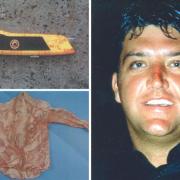 Jason Moore (right) is serving life for murder after Robert Darby was stabbed in the heart in 2005. On the left are Robert's bloodied knife and shirt