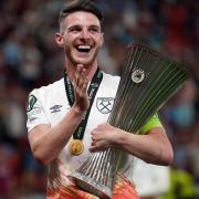 Hammers captain Declan Rice with the Europa Conference League trophy