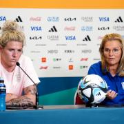 England's Millie Bright and Sarina Wiegman at a press conference