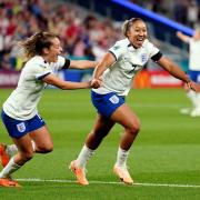 Lauren James celebrates her stunning goal for England against Denmark
