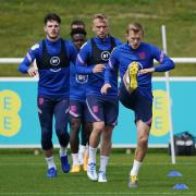 England's James Ward-Prowse during a training session with Jarrod Bowen and Declan Rice. Image: PA