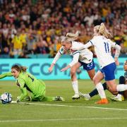 Lauren Hemp scores England's first goal against Colombia as Alessia Russo looks on