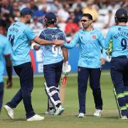 Aron Nijjar celebrates a wicket for Essex against Yorkshire