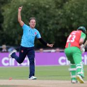 Aaron Beard celebrates a wicket for Essex at Leicestershire