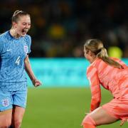 Keira Walsh celebrates England's semi-final win with Mary Earps