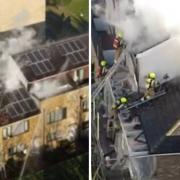 The drone footage shows the firefighters hard at work