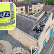 An aerial image of damage done to the roof of the church hall