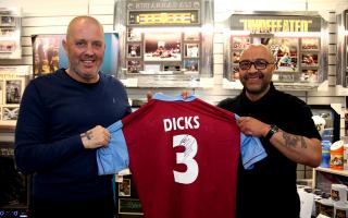 Julian Dicks with the owner of Worldwide Signings Memorabilia shop, Andrew Brace
